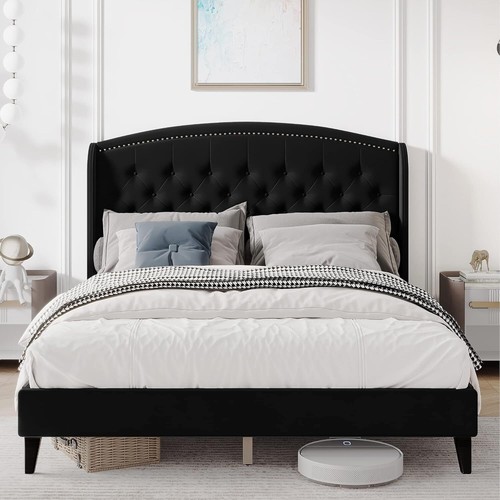 Full Queen King Size Bed Frame Upholstered Platform Bed with Wingback Headboard - Picture 15 of 26