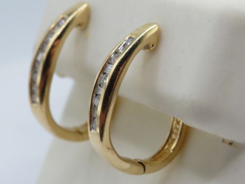 14K YELLOW GOLD ELOGATED HINGED HOOP EARRINGS w 10 RBC & 8 BAGUETTE DIAMONDS* - Picture 4 of 16