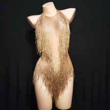 Sparkly Rhinestone Fringe Bodysuit Nightclub Glisten Beads Dance Costume Leotard