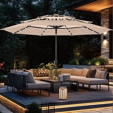 10FT 3 Tier Patio Umbrella LED Lights Solar Market Umbrella w/Tilt Crank Outdoor