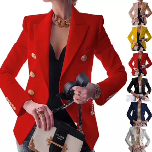 Zweireihiger Damen Blazer Mantel Langarm Revers formell schmale Jacke Oberbekleidung | - Bild 8 von 26