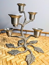 Vintage Wrought Iron Silver 5 Arm Candelabra Tree And Leaf Tabletop Art