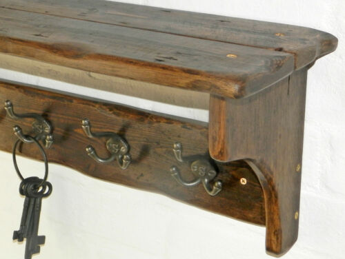 Reclaimed look wood Hat & Coat Rack with shelf Cottage Country style 3-10 hooks - Picture 1 of 7