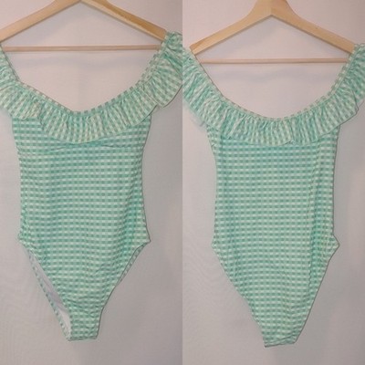 Lolli by Sugar Coast Green Gingham Ruffle Off the Shoulder Small S One Piece