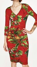 Zara DRAPED Red TROPICAL PRINT BODYCON DRESS Small