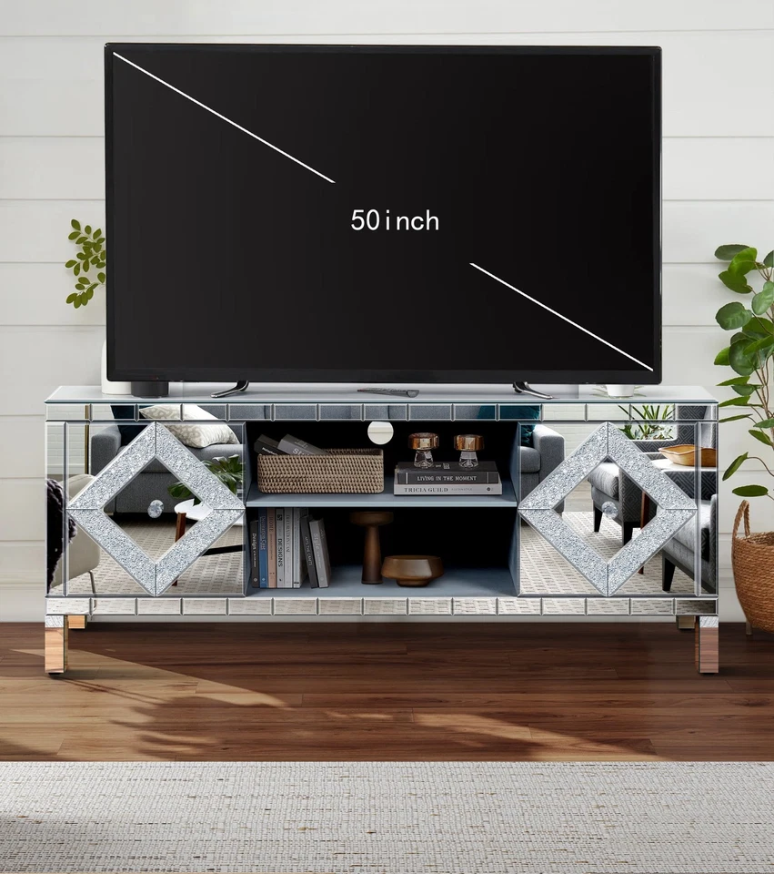Consola multimedia de TV con espejo de 47" | Compatible con TV 50", almacenamiento de puertas de vidrio diamante Foto 2 de 4