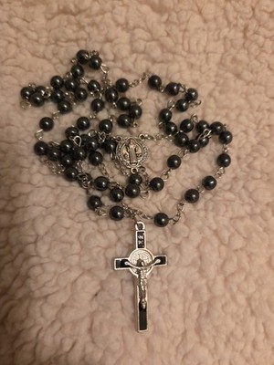 HOLY ROSARY / BLACK HEMATITE BEATS / JESUS/St. BENEDICT / STAINLESS STEEL CHAIN