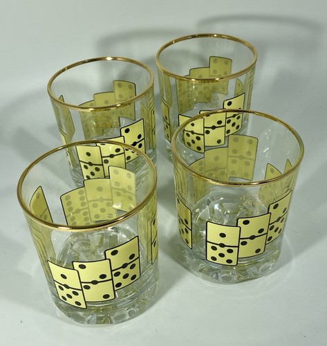 Domino Rocks Glass Retro Barware Set of 4 Gold Rimmed Stylish Cups - Picture 3 of 9