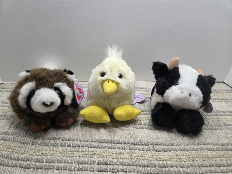 Swibco Puffkins Raccoon , yellow chick and coPlush Stuffed Toy 1990'Tags Vintage