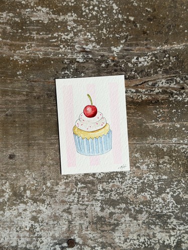 ACEO Original Cupcake with Cherry on Top Watercolor 2.5x3.5” by Magdalina Studio