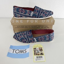 TOMS Classic Shoes Womens Size 7 Navy Forest Tribal Canvas Slip On Flats Comfort