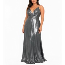 Mac Duggal 26408 Silver Evening Gown Metallic V-Neck Formal Column Dress Size 10