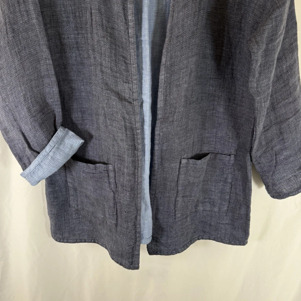 Eileen Fisher Jacket Womens PM Petite Medium Blue Irish Linen Pockets Open Front - Image 3 of 4