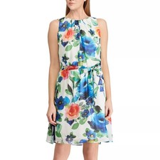 Chaps Floral A Line Knee Dress Keyhole White Blue Sleeveless Elastic Waist 14 