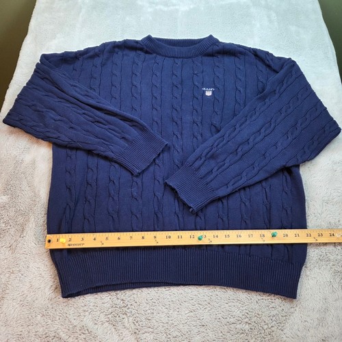 Gant, Vintage Gant Cable Knit Sweater Mens XL Made in USA Cotton Crewneck Navy Blue