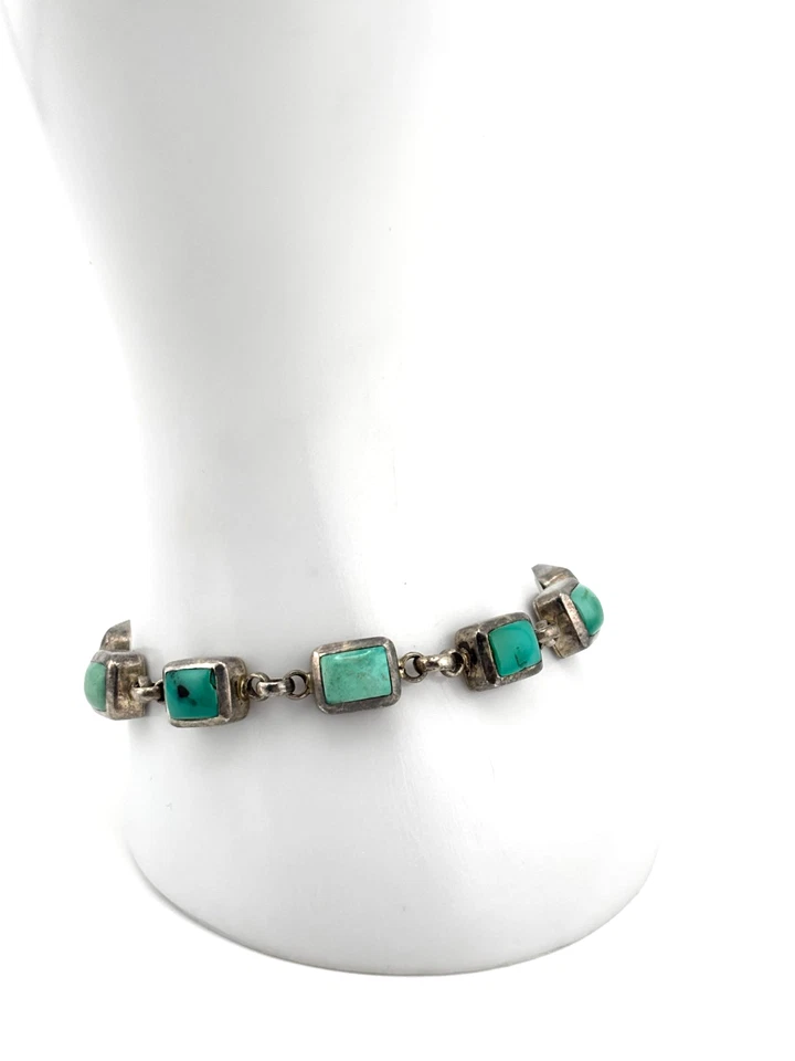 Vintage Sterling Silver 925 Rectangular Turquoise Link Toggle Clasp Bracelet 7.5 - Image 2 of 4