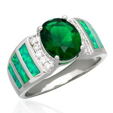 8x10 Simulated Emerald Kiwi Green Fire Opal CZ Silver Jewelry Ring 7 8 9 10