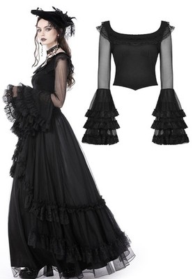 Dark In Love Women Black Gothic Retro Princess Layered Frilly Sleeves Sexy Tops