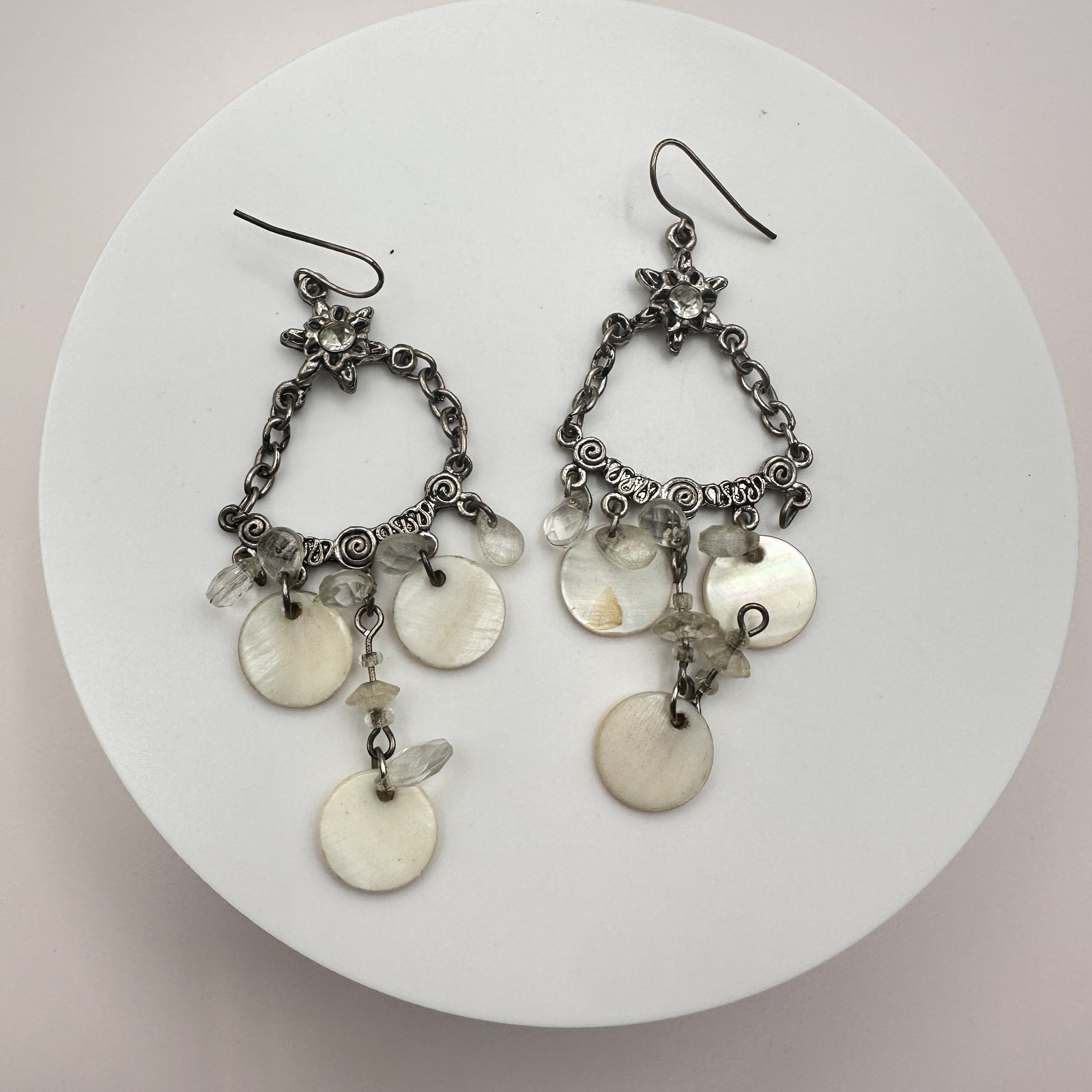 Vintage 80s Silver Tone Chandelier Earrings Pearl & Quartz Dangles Jewelry