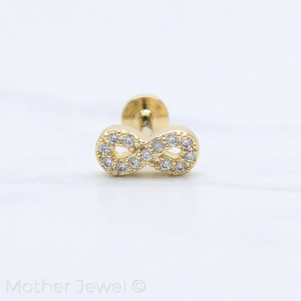 SIMULATED DIAMOND INFINITY SILVER 14K ROSE YELLOW GOLD IP 8MM CARTILAGE STUD - Image 3 of 4
