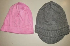 2 womens HATS 1 solid pink 1 knit gray silver SPARKLES hard brim front ONE SIZE 
