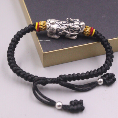 Echt 999 reines Silber Armband Damen Herren Drache Pixiu gestrickt schwarz Schnur 6,5 Zoll L