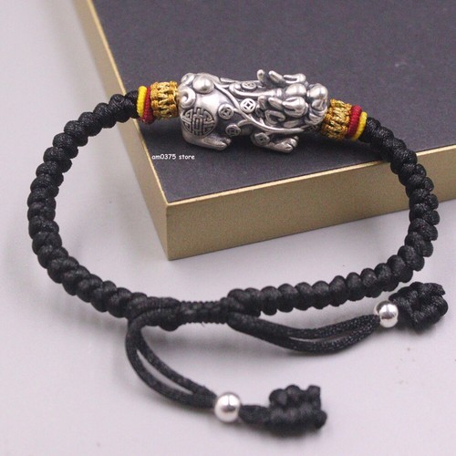 Real 999 Pure Silver Bracelet Women Men Dragon Pixiu Knitted Black String 6.5inL - Picture 3 of 6