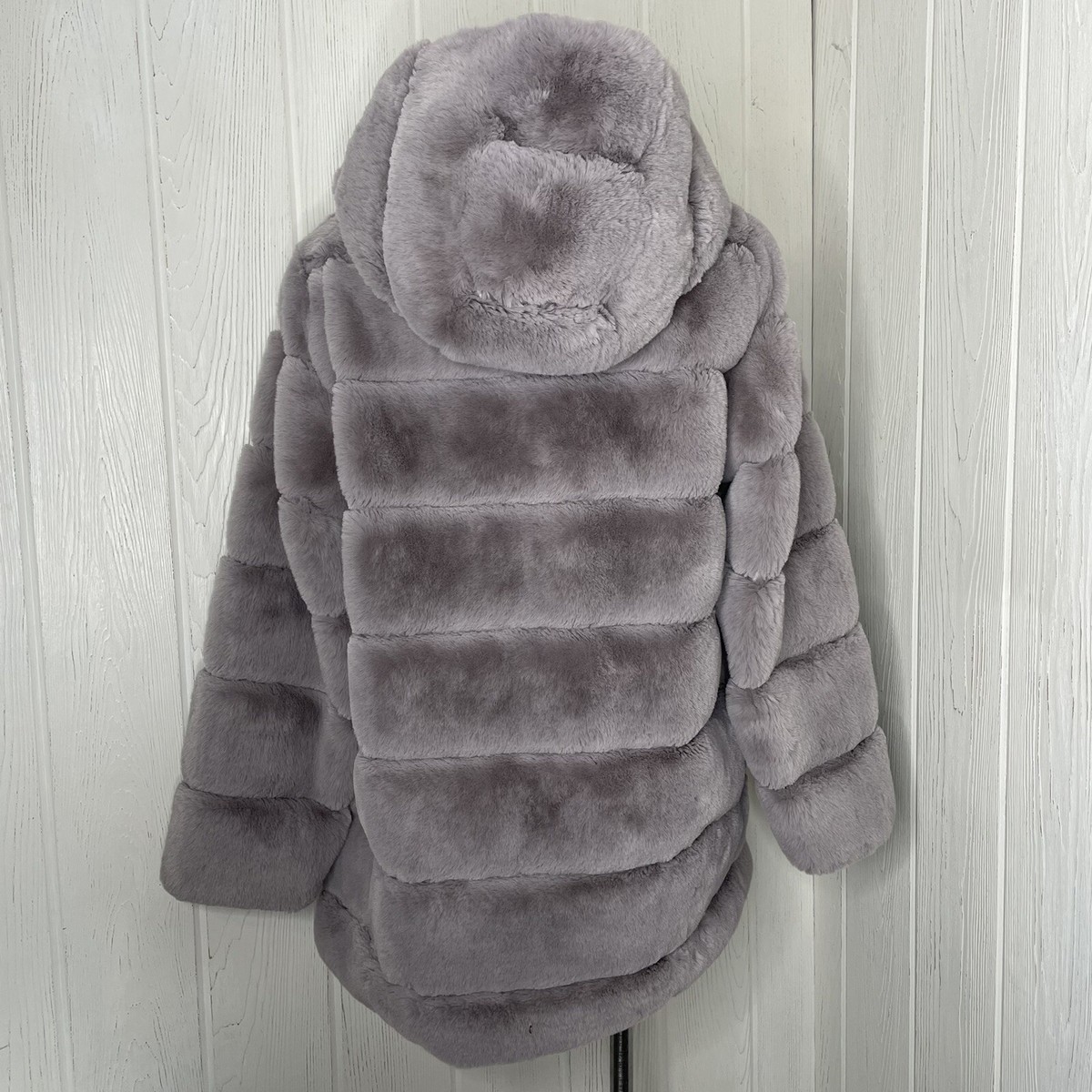 BCBGMAXAZRIA Felicia Faux Fur Coat Large Smoky Purple Hooded Teddy