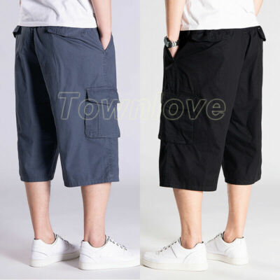 Men Casual 3/4 Length Cargo Pants Shorts Trousers Loose Cotton Plus Size  Summer