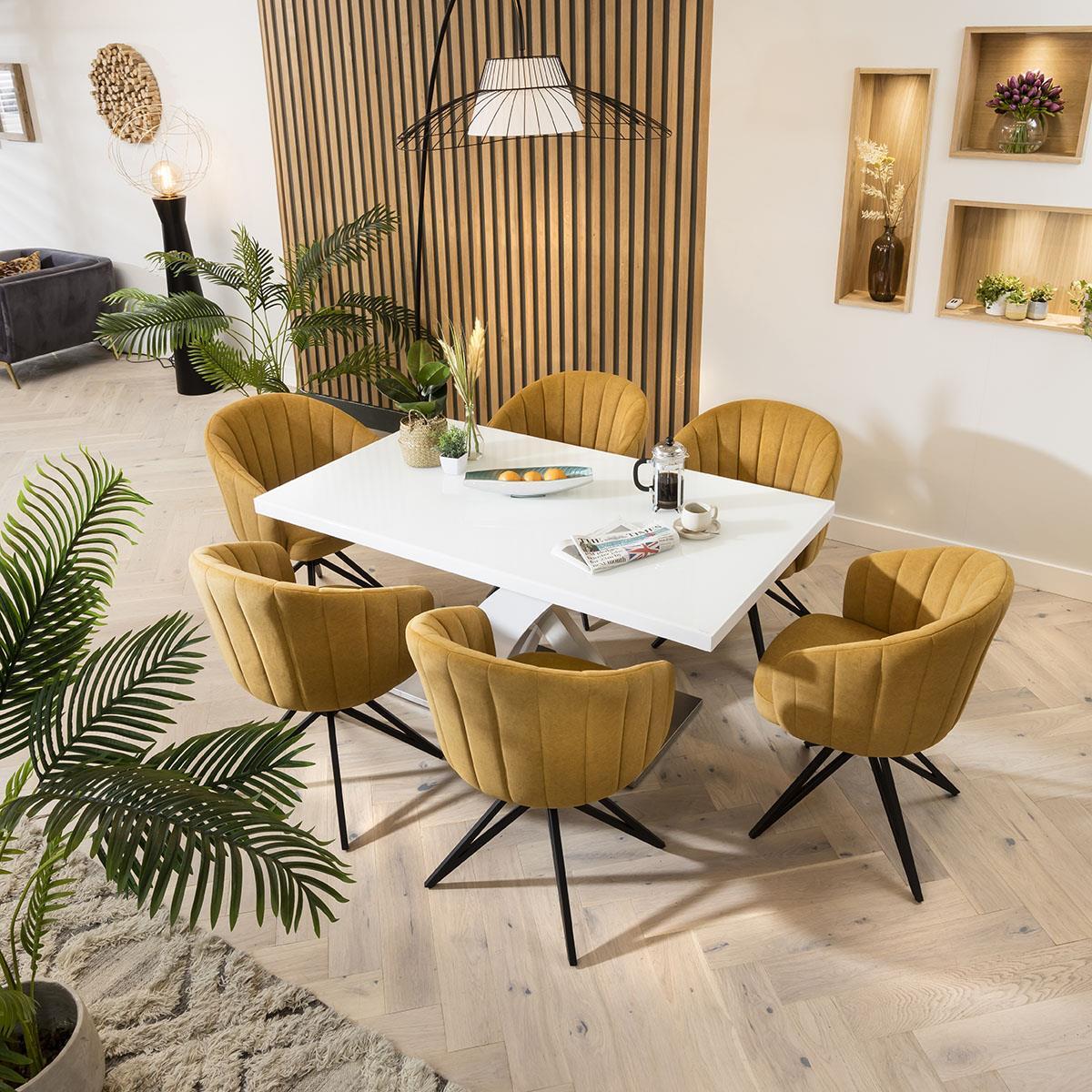 Quatropi Seater Dining Set White Glass Pedestal Table Mustard Chairs