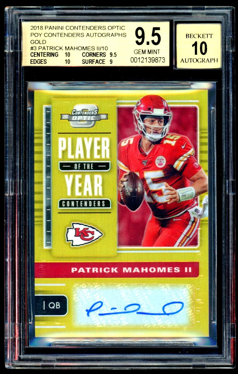 Patrick Mahomes 2018 Panini Contenders Optic POY Gold Prizm Auto 03/10 BGS 9.5