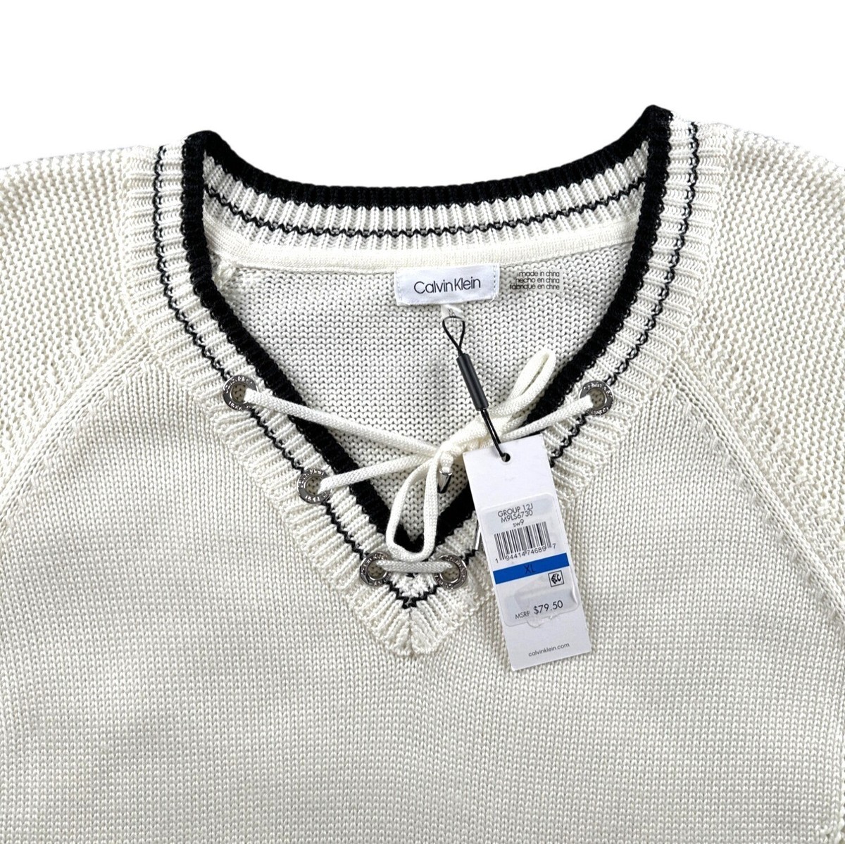 NEW Calvin Klein White Lace Up V-Neck Sweater XL | eBay