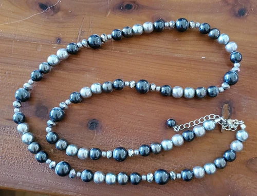 Silver and Gray Bead Necklace RMN  Vintage Costume Jewelry With 25" Adj Chain