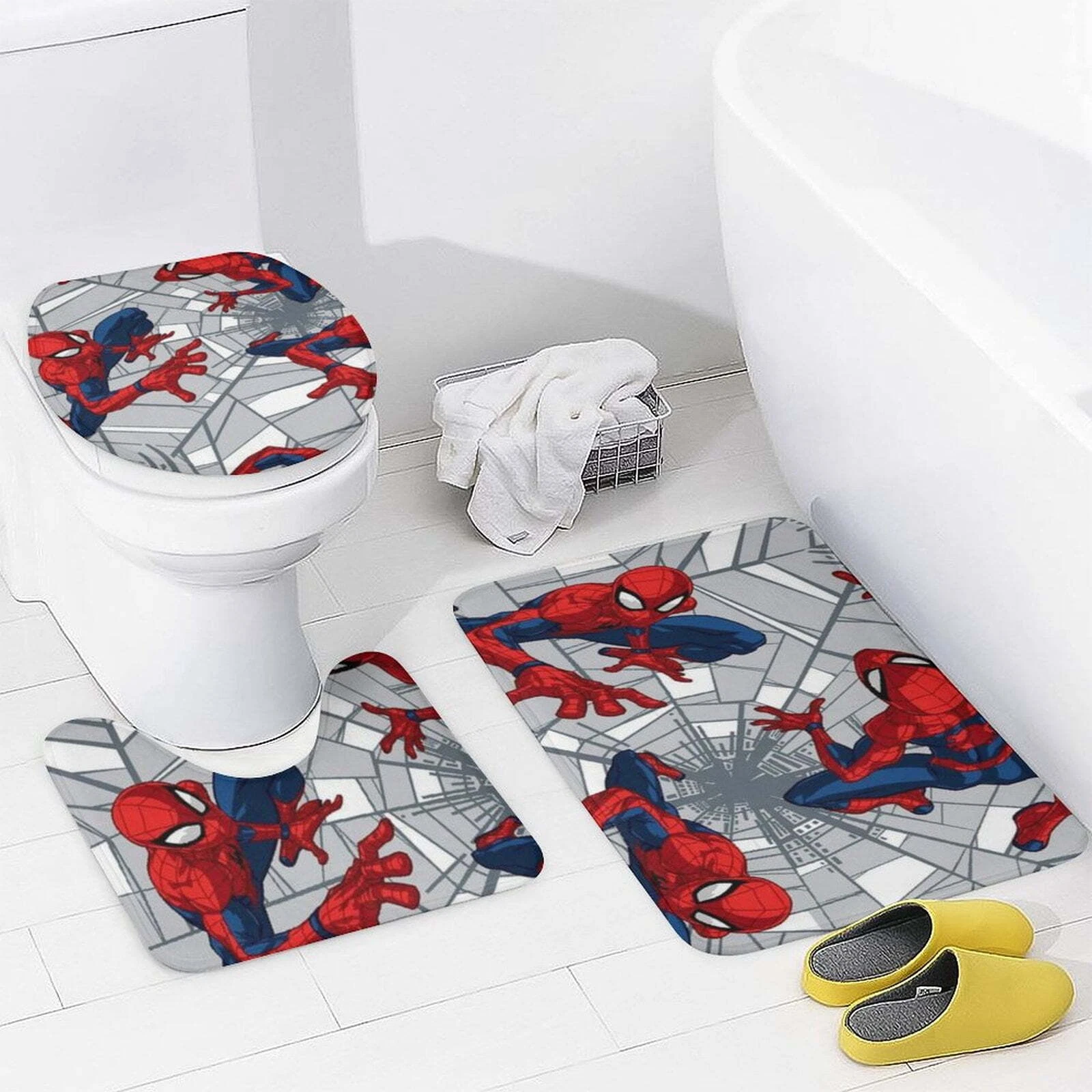 Spider-Man 4-Piece Bathroom Set Shower Curtain Toilet Lid Cover Bath Mat