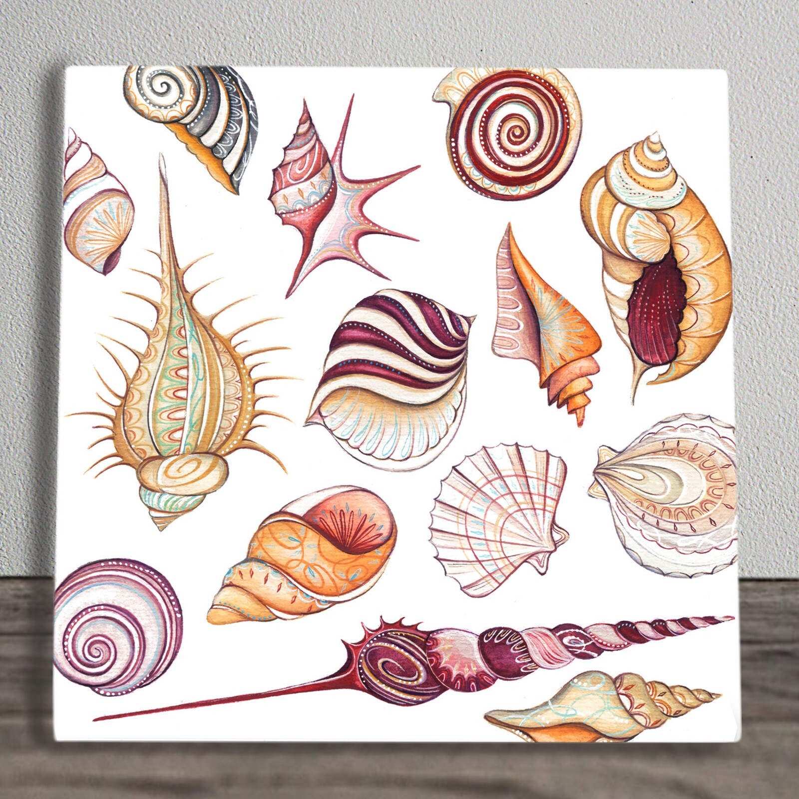 Nautical Shells Ceramic Tile Picture Plaque Sign Coastal By A Mcgriggle 20x20cm