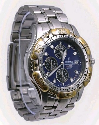 Vintage 1990er Festina Chronograph blaues Zifferblatt 42 mm Stahlarmband Quarz Herrenuhr 