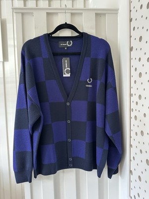 Fred Perry Raf Simons Cardigan Button V Neck Blue Jumper Check Medium NEW £350