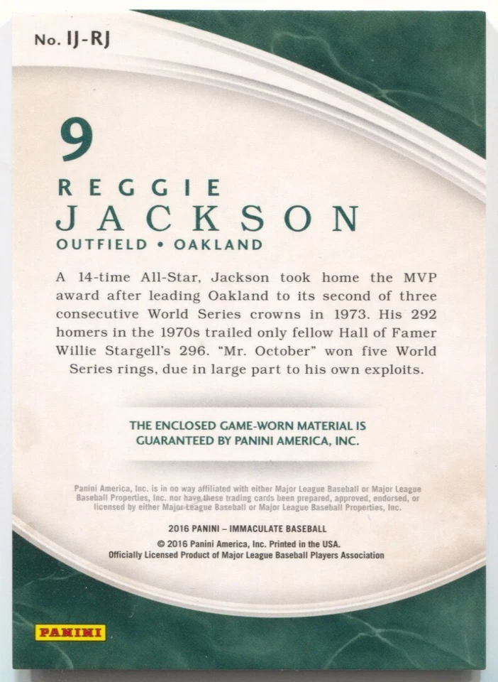 2016 Immaculate Reggie Jackson Jumbo Jersey Number 3 Color Patch #/2 - Image 2 of 4