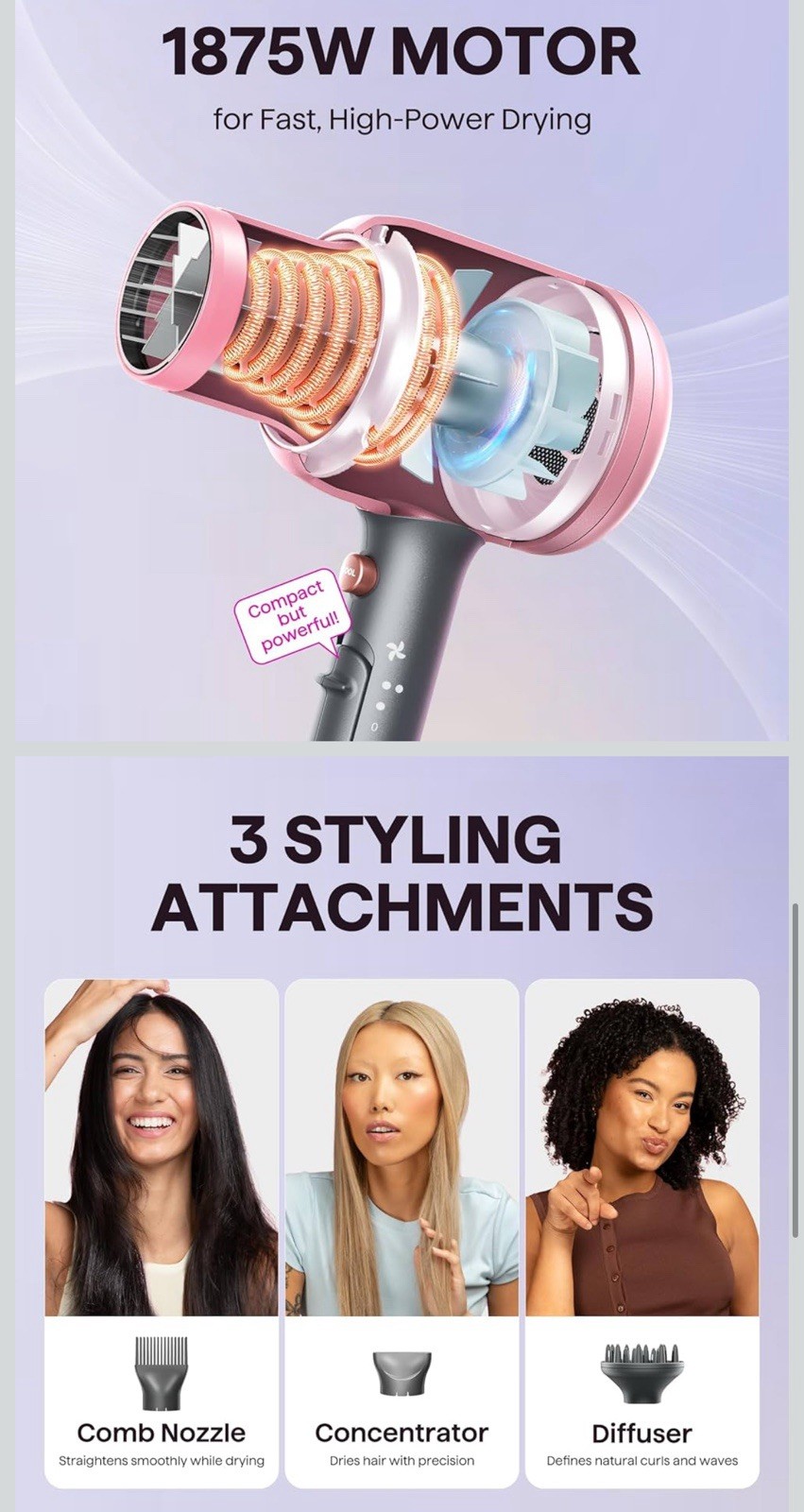 Wavytalk Hair Dryer, Blown Away Ionic Hair Dryer for Curly Hair with Diffuser