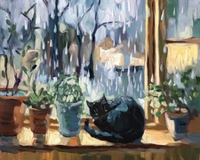 Rainy Window Scene with Black Cat | Cozy Impressionist Home Art Print Museum Art