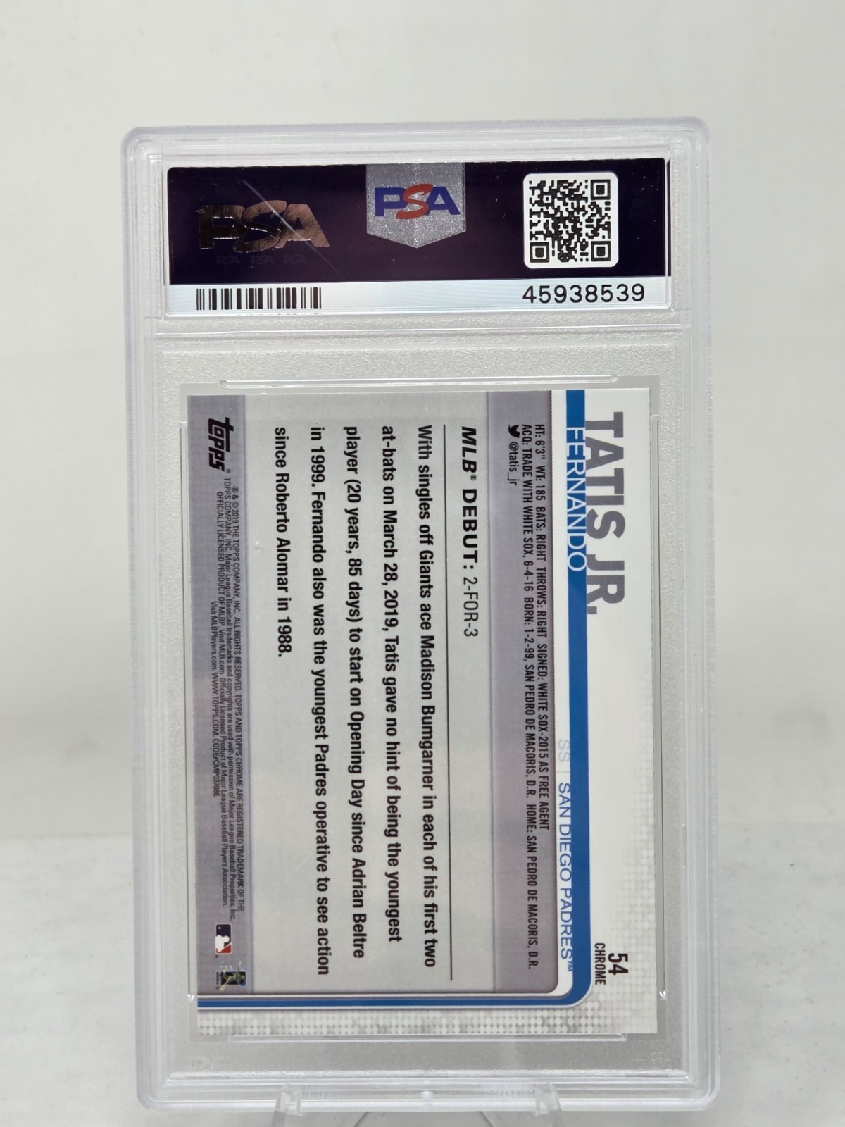 2019 Topps Chrome Update FERNANDO TATIS JR RC CARD PSA 10 GEM MINT view 2