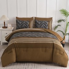Comforter Set Size, 7 Pieces Stripe Geometric Bed in a Bag, Soft King Brown