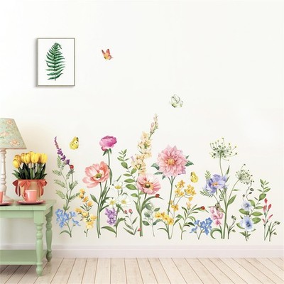 Garden Flower Wall Stickers Poppy Peony Pink Floral Butterflies Peel and Stic...