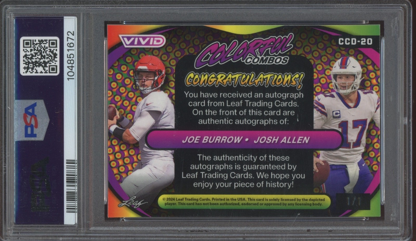 2024 Leaf Vivid Duos Yellow Laser #20 Joe Burrow Josh Allen 1/1 Auto Mint PSA 9 view 2