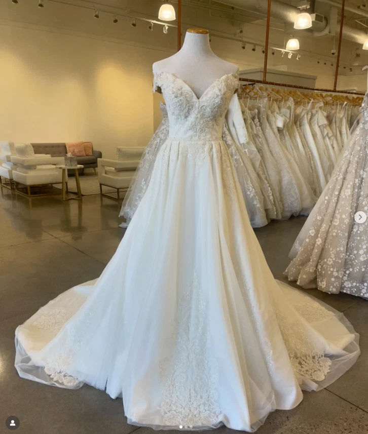 Elegantes Vestidos de Novia Cuello en V Apliques de Encaje Línea A Vestidos de Novia Tren de Barrido Foto 2 de 4