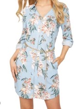 GUESS ABELINA CHALLIS SHIRT DRESS WOMEN SZ M FLORAL ZIP FRONT CLOSURE ROLL TAB
