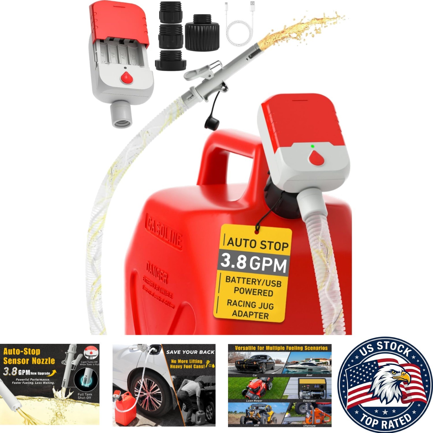 Advanced Fuel Transfer Pump - Hands-Free Auto-Stop & 4 Adapters for Versatility