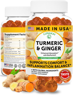 Lunakai USA Made Turmeric and Ginger Supplement Gummies 500Mg  60Ct
