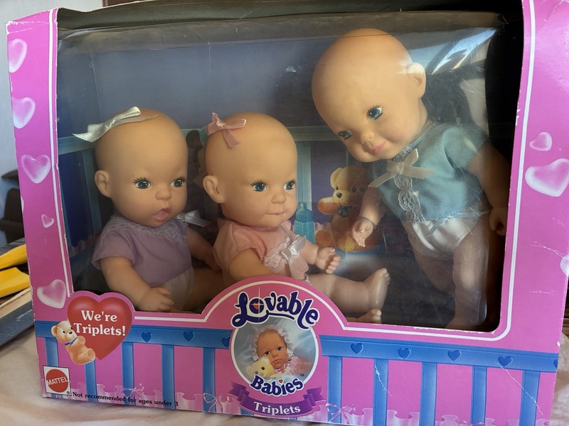Mattel Lovable Babies Triplets Set of 3 11in Vinyl Dolls Brown Eyes Boxed