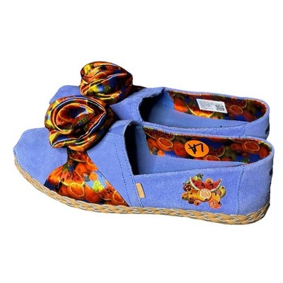 Toms Frida Kahlo Espadrille Fruit Satin 3 D Blue w Rose Wrap Alpargata Size 8.5